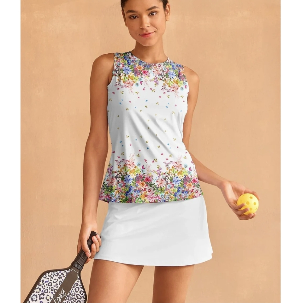 Acegolfs Botanical Ruffle Tank Top For Pickleball/Golf Women's Size Medium Nwt I